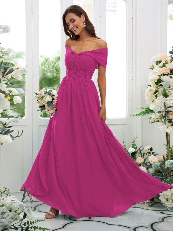 A-Line/Princess Chiffon Ruched Off-the-Shoulder Sleeveless Floor-Length Bridesmaid Dresses 2156