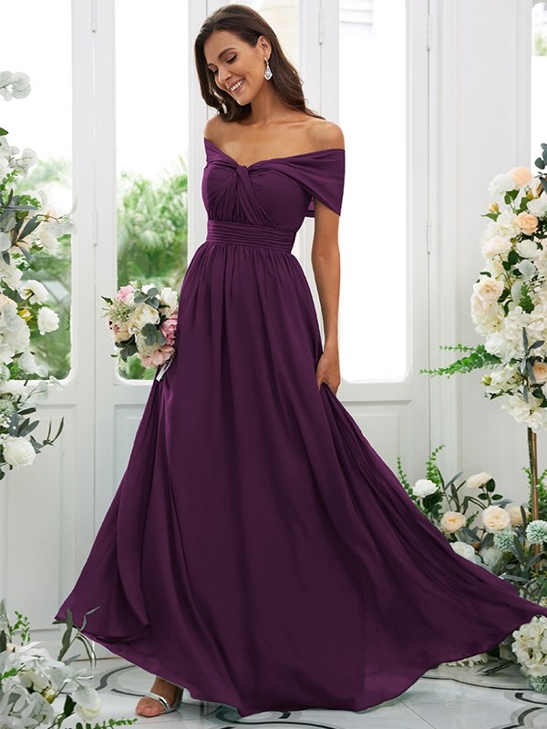 A-Line/Princess Chiffon Ruched Off-the-Shoulder Sleeveless Floor-Length Bridesmaid Dresses 2156