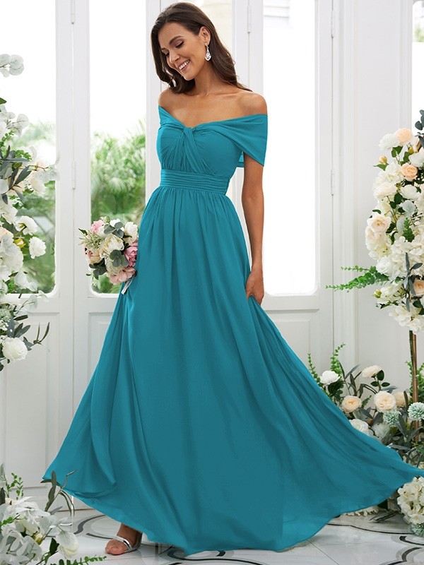 A-Line/Princess Chiffon Ruched Off-the-Shoulder Sleeveless Floor-Length Bridesmaid Dresses 2156