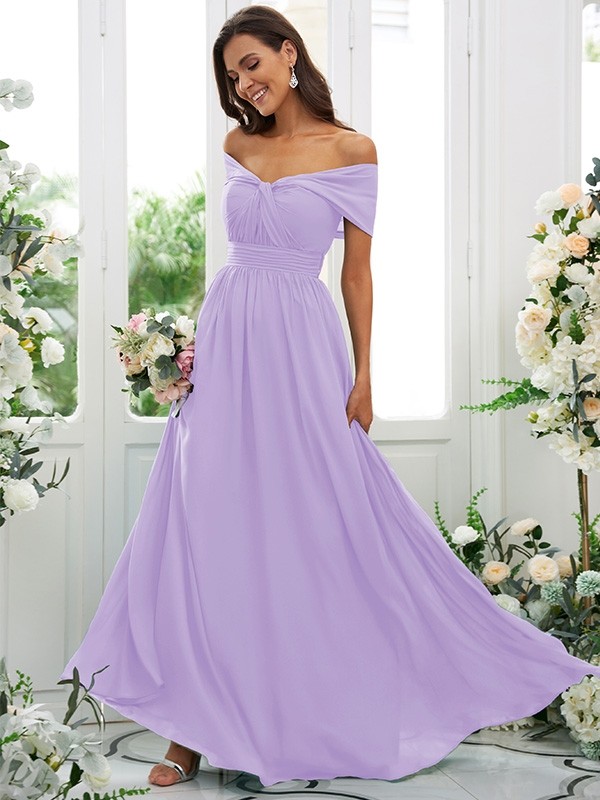 A-Line/Princess Chiffon Ruched Off-the-Shoulder Sleeveless Floor-Length Bridesmaid Dresses 2156