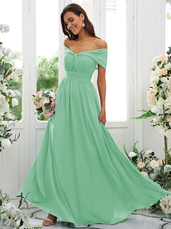 A-Line/Princess Chiffon Ruched Off-the-Shoulder Sleeveless Floor-Length Bridesmaid Dresses 2156