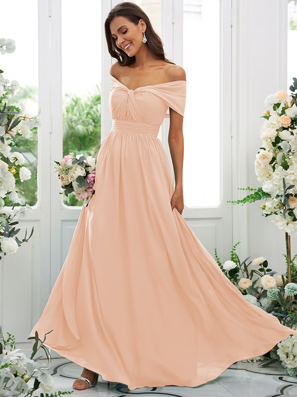 A-Line/Princess Chiffon Ruched Off-the-Shoulder Sleeveless Floor-Length Bridesmaid Dresses 2156