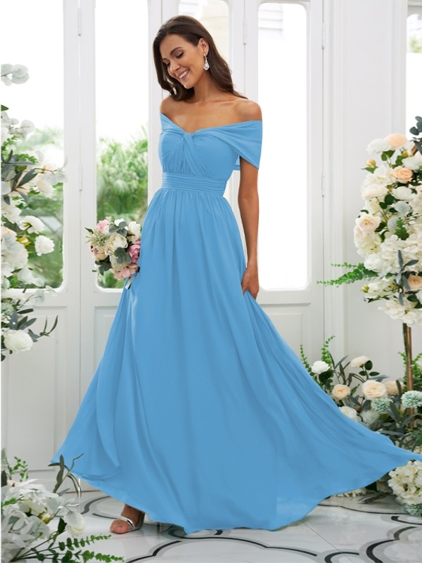 A-Line/Princess Chiffon Ruched Off-the-Shoulder Sleeveless Floor-Length Bridesmaid Dresses 2156