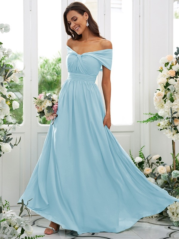 A-Line/Princess Chiffon Ruched Off-the-Shoulder Sleeveless Floor-Length Bridesmaid Dresses 2156