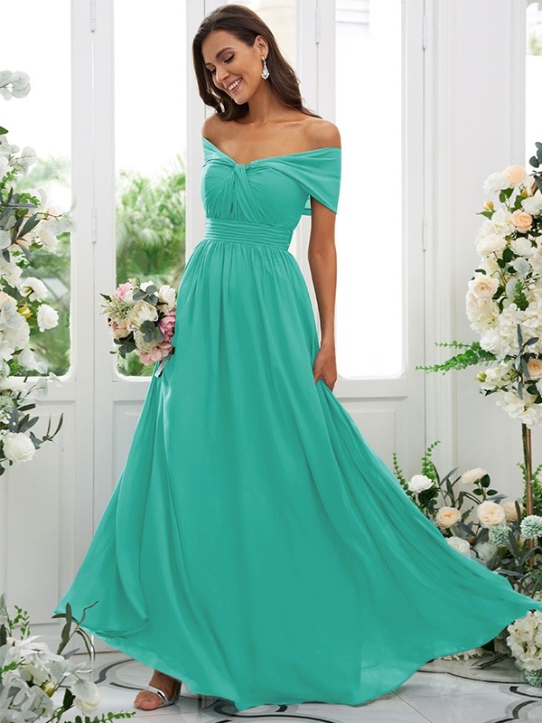 A-Line/Princess Chiffon Ruched Off-the-Shoulder Sleeveless Floor-Length Bridesmaid Dresses 2156