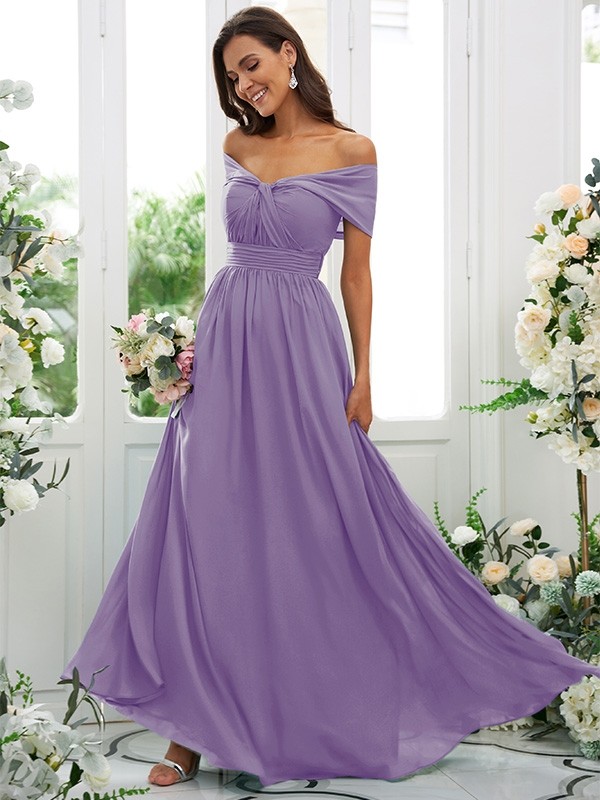 A-Line/Princess Chiffon Ruched Off-the-Shoulder Sleeveless Floor-Length Bridesmaid Dresses 2156