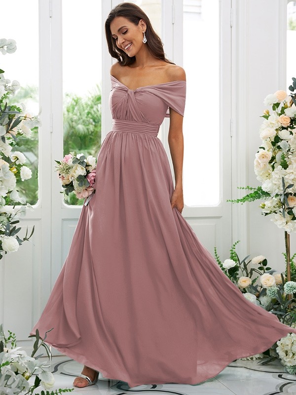 A-Line/Princess Chiffon Ruched Off-the-Shoulder Sleeveless Floor-Length Bridesmaid Dresses 2156