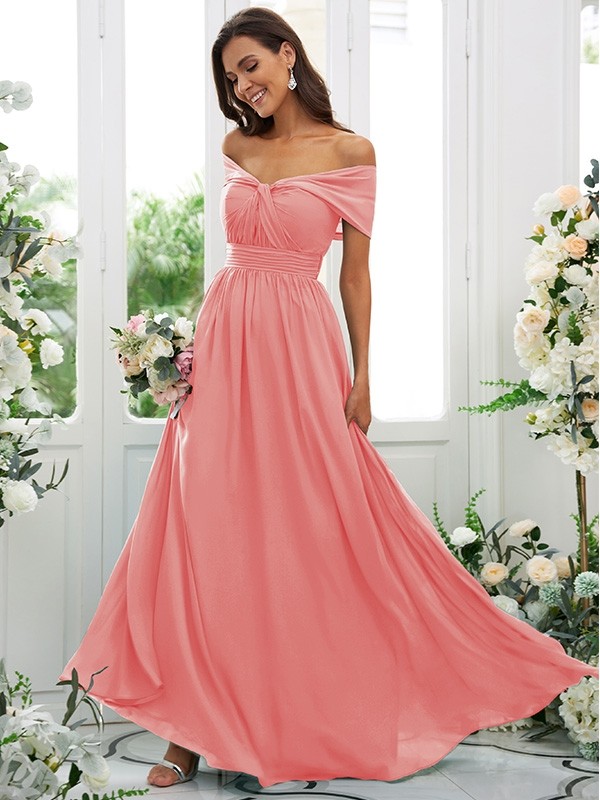 A-Line/Princess Chiffon Ruched Off-the-Shoulder Sleeveless Floor-Length Bridesmaid Dresses 2156