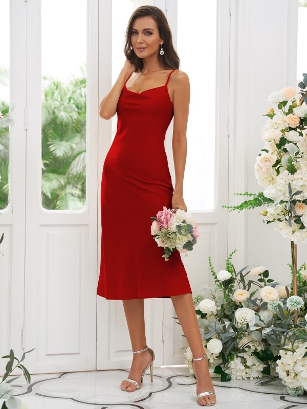 Sheath/Column Charmeuse Ruched Spaghetti Straps Sleeveless Tea-Length Bridesmaid Dresses 2889