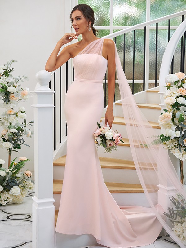 Sheath/Column Stretch Crepe Ruched One-Shoulder Sleeveless Sweep/Brush Train Bridesmaid Dresses 3168