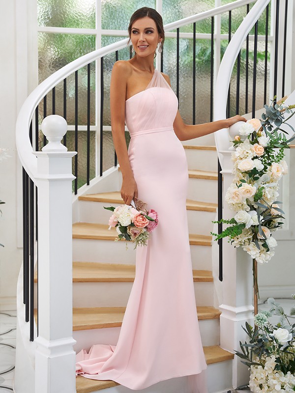 Sheath/Column Stretch Crepe Ruched One-Shoulder Sleeveless Sweep/Brush Train Bridesmaid Dresses 3168