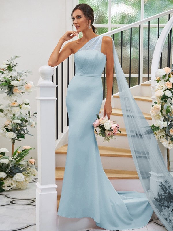 Sheath/Column Stretch Crepe Ruched One-Shoulder Sleeveless Sweep/Brush Train Bridesmaid Dresses 3168