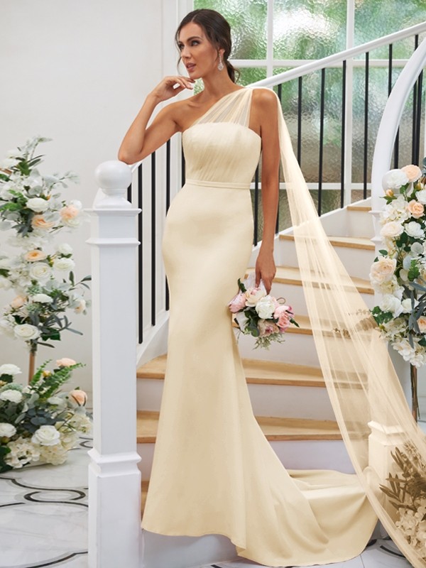 Sheath/Column Stretch Crepe Ruched One-Shoulder Sleeveless Sweep/Brush Train Bridesmaid Dresses 3168