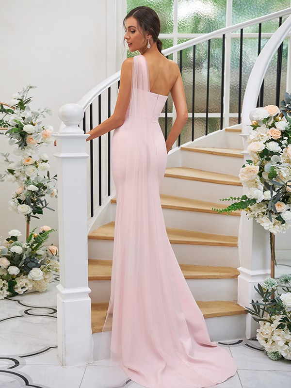 Sheath/Column Stretch Crepe Ruched One-Shoulder Sleeveless Sweep/Brush Train Bridesmaid Dresses 3168