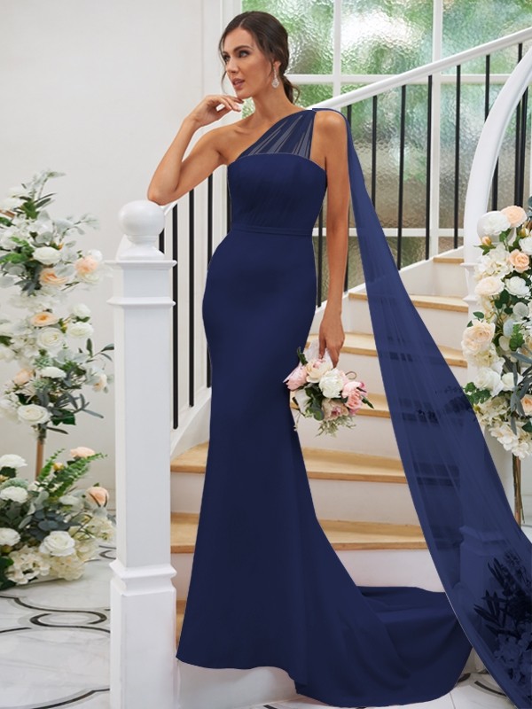 Sheath/Column Stretch Crepe Ruched One-Shoulder Sleeveless Sweep/Brush Train Bridesmaid Dresses 3168