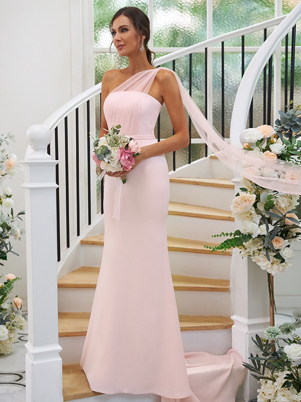 Sheath/Column Stretch Crepe Ruched One-Shoulder Sleeveless Sweep/Brush Train Bridesmaid Dresses 3168