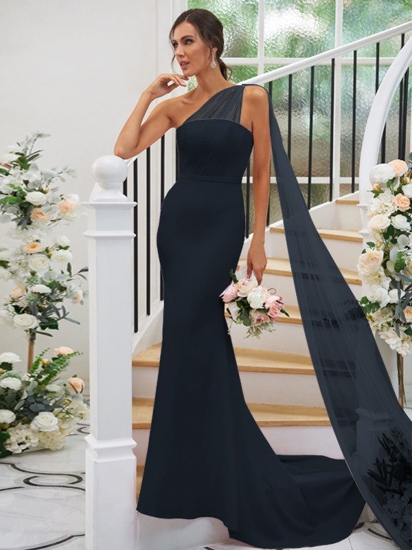 Sheath/Column Stretch Crepe Ruched One-Shoulder Sleeveless Sweep/Brush Train Bridesmaid Dresses 3168