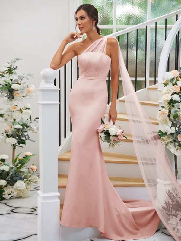 Sheath/Column Stretch Crepe Ruched One-Shoulder Sleeveless Sweep/Brush Train Bridesmaid Dresses 3168