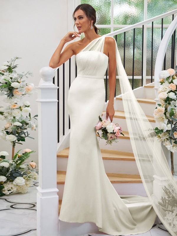 Sheath/Column Stretch Crepe Ruched One-Shoulder Sleeveless Sweep/Brush Train Bridesmaid Dresses 3168