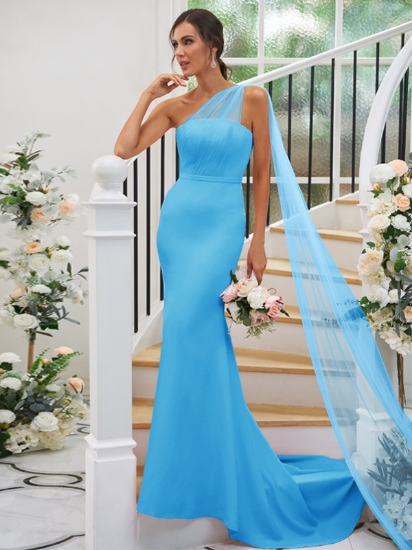 Sheath/Column Stretch Crepe Ruched One-Shoulder Sleeveless Sweep/Brush Train Bridesmaid Dresses 3168