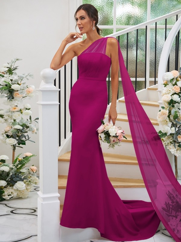 Sheath/Column Stretch Crepe Ruched One-Shoulder Sleeveless Sweep/Brush Train Bridesmaid Dresses 3168