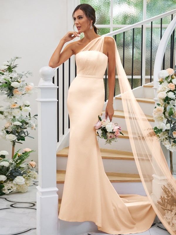 Sheath/Column Stretch Crepe Ruched One-Shoulder Sleeveless Sweep/Brush Train Bridesmaid Dresses 3168