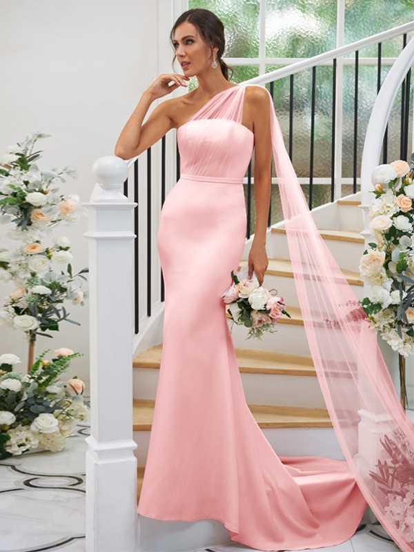 Sheath/Column Stretch Crepe Ruched One-Shoulder Sleeveless Sweep/Brush Train Bridesmaid Dresses 3168