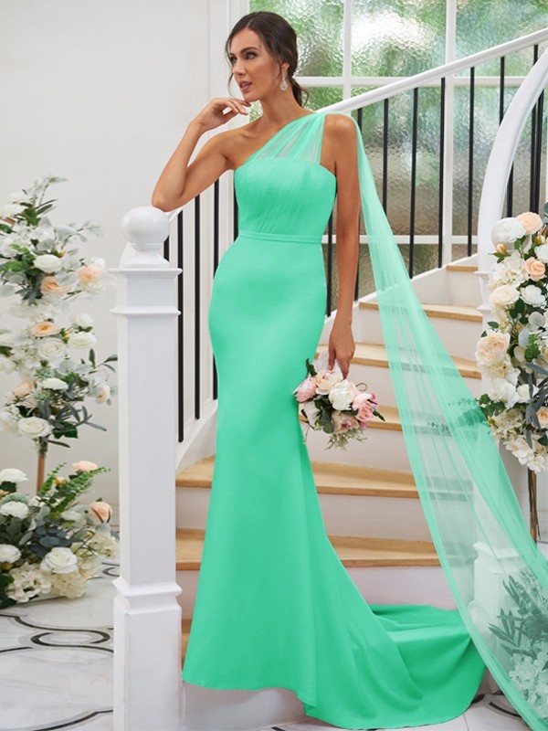 Sheath/Column Stretch Crepe Ruched One-Shoulder Sleeveless Sweep/Brush Train Bridesmaid Dresses 3168