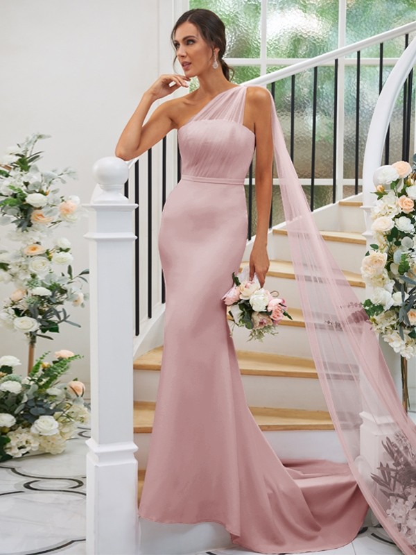 Sheath/Column Stretch Crepe Ruched One-Shoulder Sleeveless Sweep/Brush Train Bridesmaid Dresses 3168