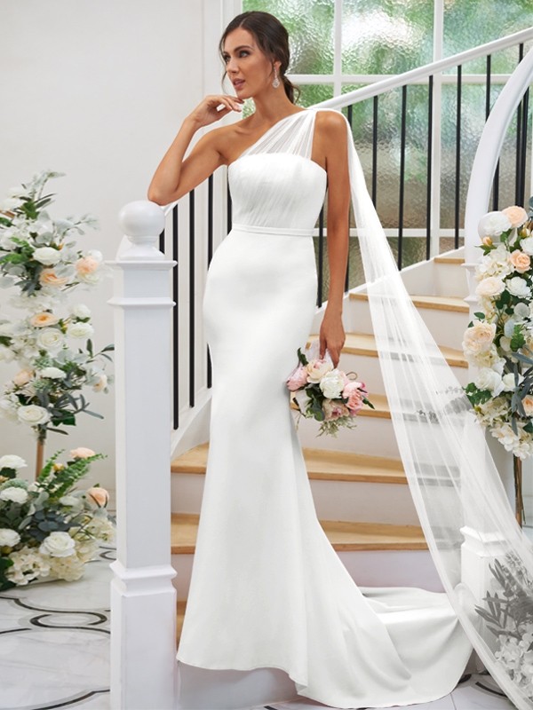 Sheath/Column Stretch Crepe Ruched One-Shoulder Sleeveless Sweep/Brush Train Bridesmaid Dresses 3168