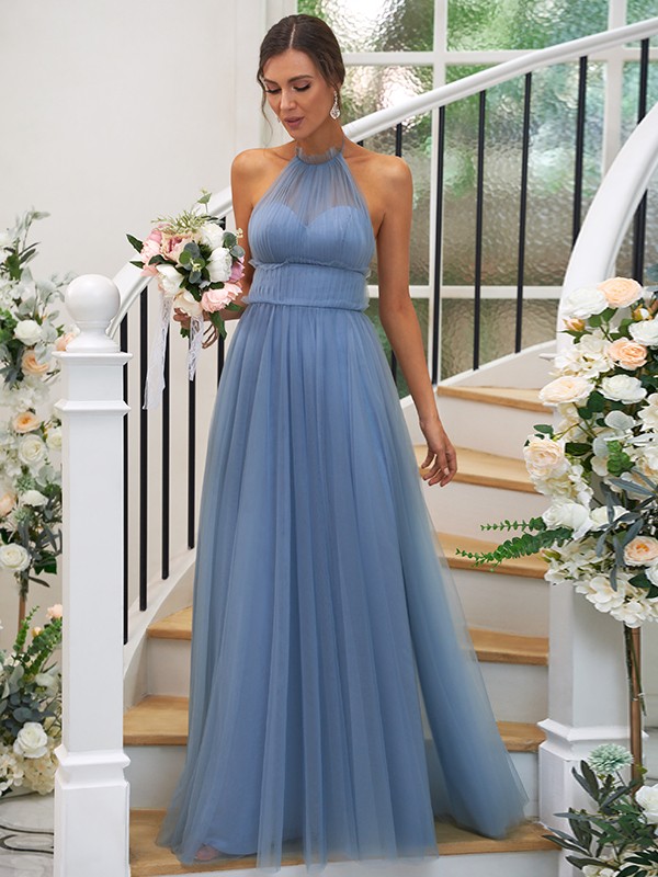 A-Line/Princess Tulle Ruched Halter Sleeveless Floor-Length Bridesmaid Dresses 2762