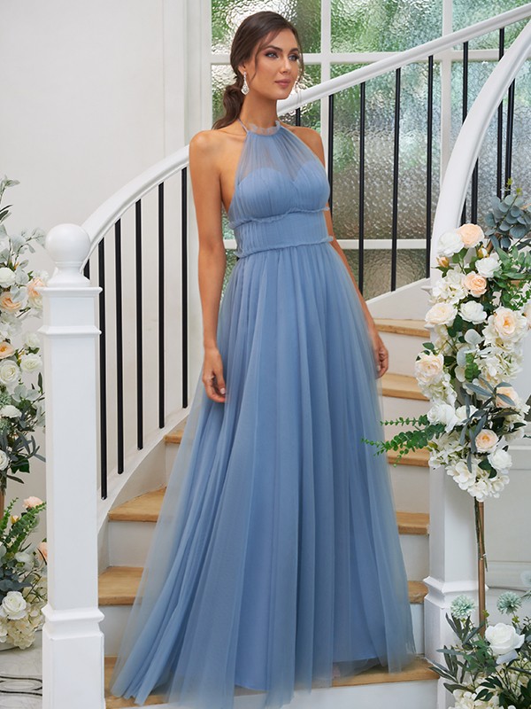 A-Line/Princess Tulle Ruched Halter Sleeveless Floor-Length Bridesmaid Dresses 2762