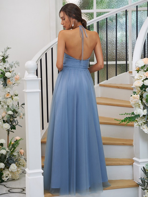 A-Line/Princess Tulle Ruched Halter Sleeveless Floor-Length Bridesmaid Dresses 2762