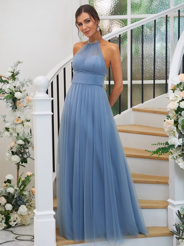 A-Line/Princess Tulle Ruched Halter Sleeveless Floor-Length Bridesmaid Dresses 2762