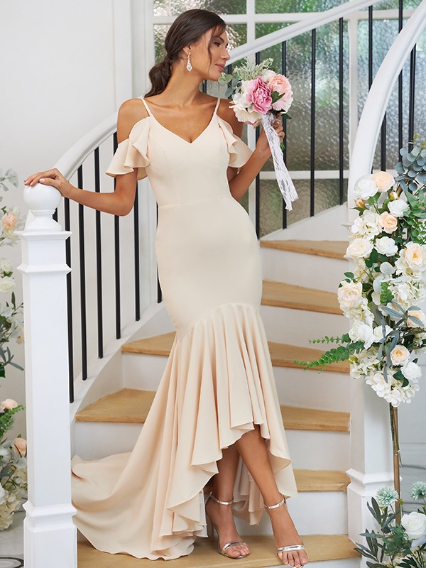 Trumpet/Mermaid Stretch Crepe Ruffles V-neck Sleeveless Asymmetrical Bridesmaid Dresses 3252