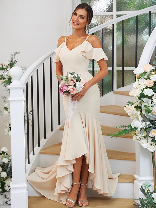 Trumpet/Mermaid Stretch Crepe Ruffles V-neck Sleeveless Asymmetrical Bridesmaid Dresses 3252