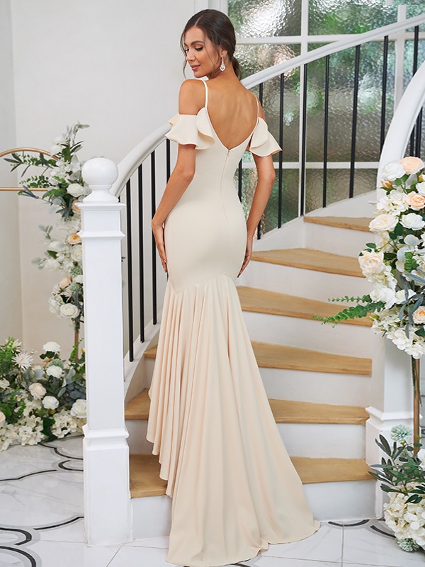 Trumpet/Mermaid Stretch Crepe Ruffles V-neck Sleeveless Asymmetrical Bridesmaid Dresses 3252