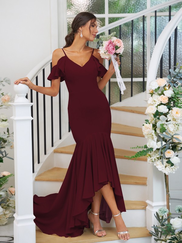 Trumpet/Mermaid Stretch Crepe Ruffles V-neck Sleeveless Asymmetrical Bridesmaid Dresses 3252