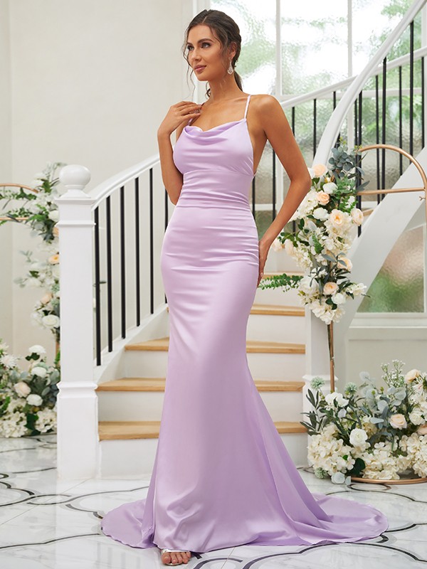 Sheath/Column Ruched Square Sleeveless Sweep/Brush Train Bridesmaid Dresses 2890