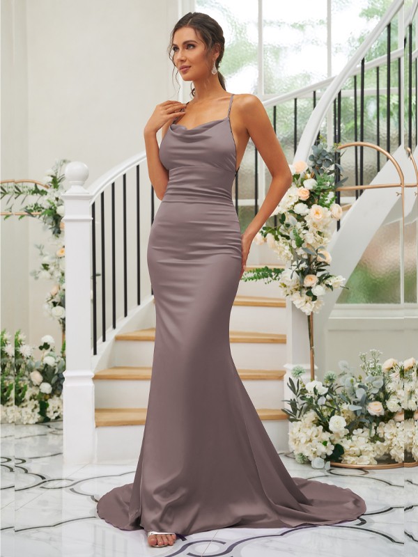 Sheath/Column Ruched Square Sleeveless Sweep/Brush Train Bridesmaid Dresses 2890