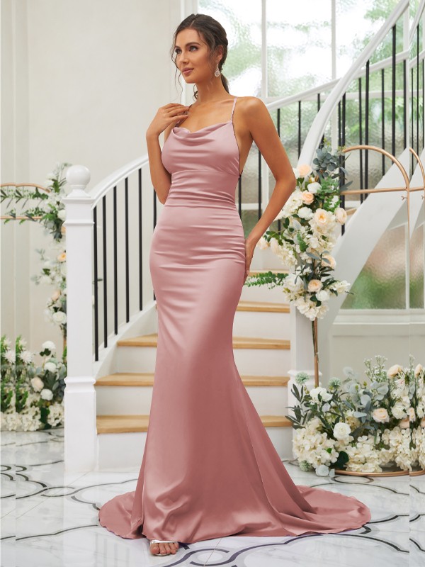 Sheath/Column Ruched Square Sleeveless Sweep/Brush Train Bridesmaid Dresses 2890