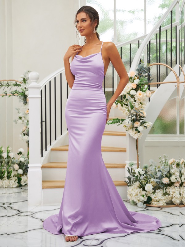 Sheath/Column Ruched Square Sleeveless Sweep/Brush Train Bridesmaid Dresses 2890