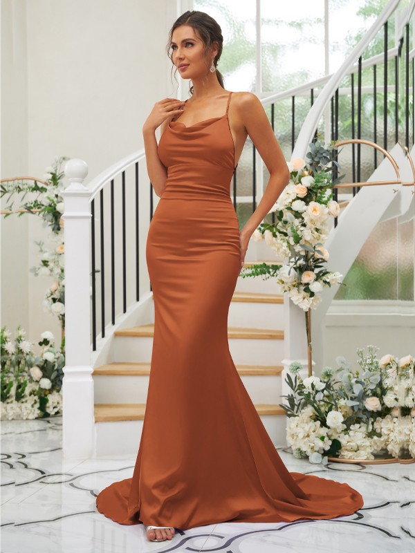 Sheath/Column Ruched Square Sleeveless Sweep/Brush Train Bridesmaid Dresses 2890