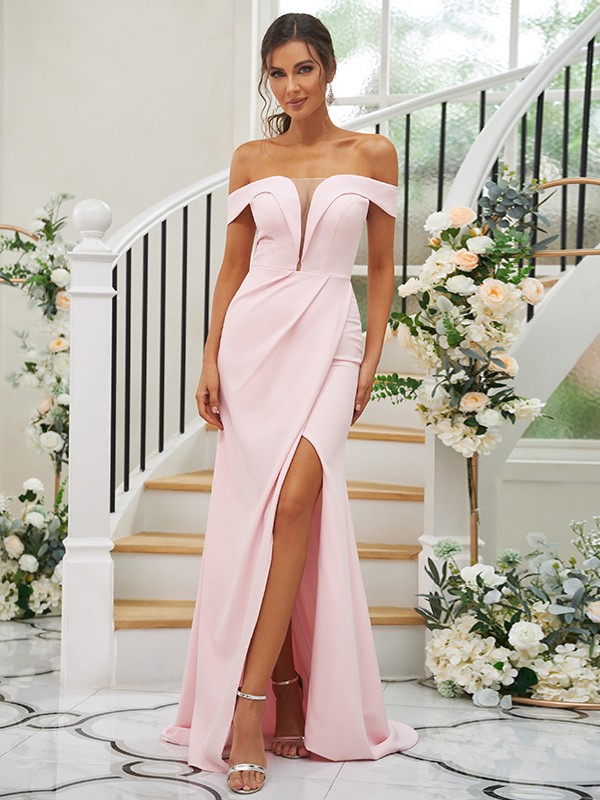 Sheath/Column Stretch Crepe Ruched Off-the-Shoulder Sleeveless Sweep/Brush Train Bridesmaid Dresses 3157