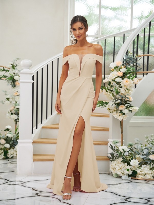 Sheath/Column Stretch Crepe Ruched Off-the-Shoulder Sleeveless Sweep/Brush Train Bridesmaid Dresses 3157