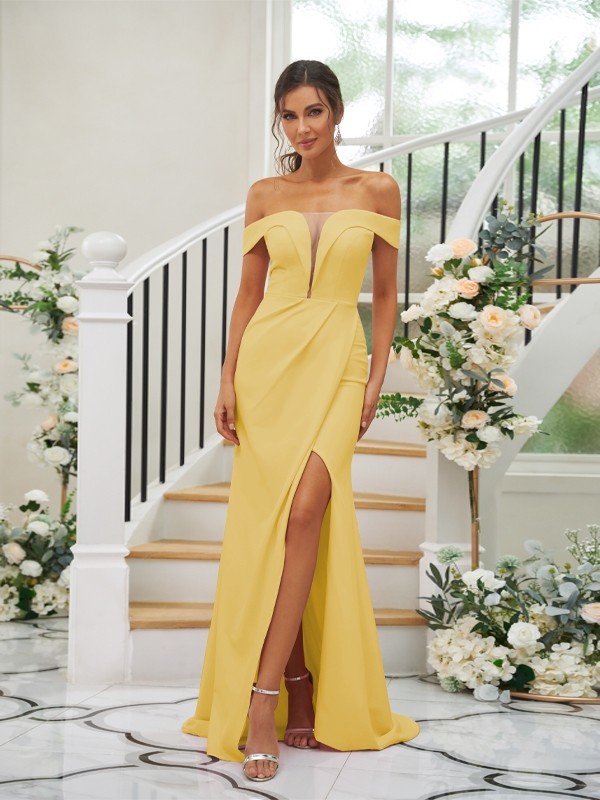 Sheath/Column Stretch Crepe Ruched Off-the-Shoulder Sleeveless Sweep/Brush Train Bridesmaid Dresses 3157