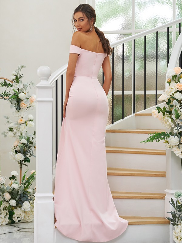 Sheath/Column Stretch Crepe Ruched Off-the-Shoulder Sleeveless Sweep/Brush Train Bridesmaid Dresses 3157