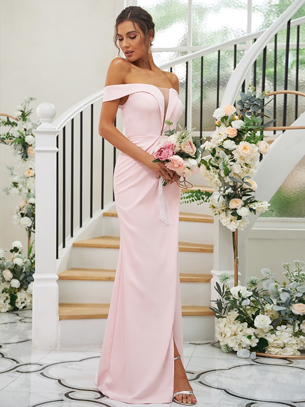 Sheath/Column Stretch Crepe Ruched Off-the-Shoulder Sleeveless Sweep/Brush Train Bridesmaid Dresses 3157