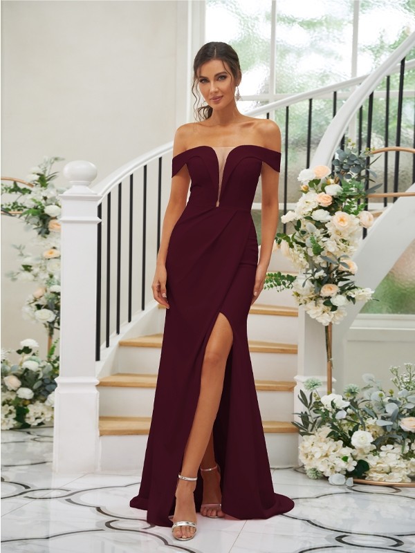 Sheath/Column Stretch Crepe Ruched Off-the-Shoulder Sleeveless Sweep/Brush Train Bridesmaid Dresses 3157