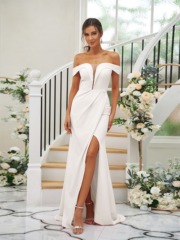 Sheath/Column Stretch Crepe Ruched Off-the-Shoulder Sleeveless Sweep/Brush Train Bridesmaid Dresses 3157